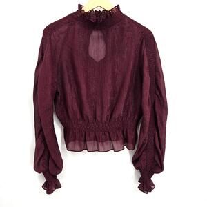 New Look 6 Purple Maroon Blouse Long Sleeve Mock Neck Ruched Balloon Sleeves